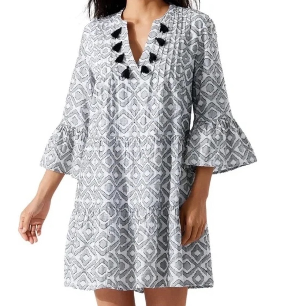 Tommy Bahama Womens Small Black White Geometric Tassel Tiered Mini Dress